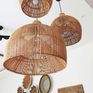 Rattan wicker pendant side view — boho kitchen island fixture