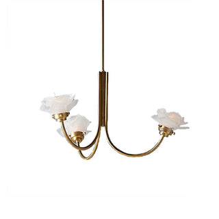French 3-light rose brass chandelier wide — vintage glass warm