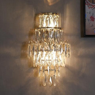 Crystal Wall Sconce – Chrome Wall Fixture with Cut Crystal Pendants for Elegant Living Room Lighting