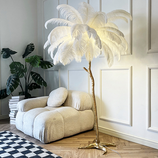 Lampadaire plume – Lampe artisanale en plumes d'autruche avec base en métal | Éclairage d'ambiance élégant