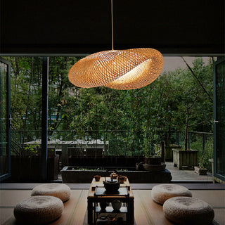 Bamboo modern pendant with handwoven rattan shade — kitchen