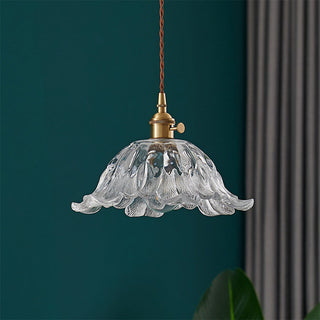 Flower pendant from below — clear glass brass creative light
