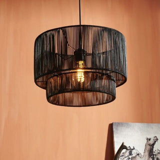 Rustic rope lamp in interior — antique woven pendant light