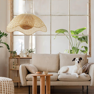 Dining room pendant with handwoven bamboo shade