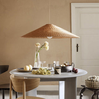 Farmhouse pendant lamp with handwoven rattan shade