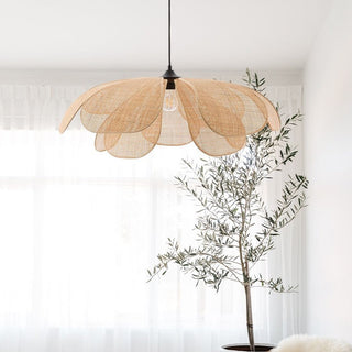 Handwoven petal rattan pendant — vintage adjustable lamp