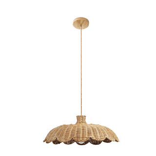 Wooden boho pendant with natural rattan shade