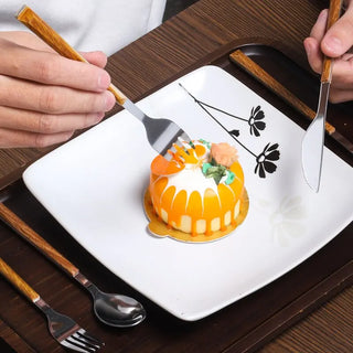 wooden handle cutlery durable stainless steel dining flatware wood grain detail