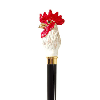 Gold rooster handle black lacquered wood shaft Italian luxury walking cane close-up