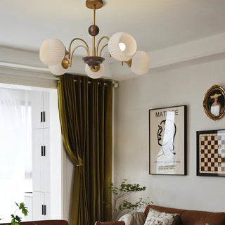 Contemporary ribbed cream chandelier side — glass dining warm