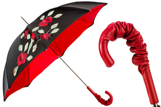 Leather handle handmade Italian double cloth red roses umbrella front