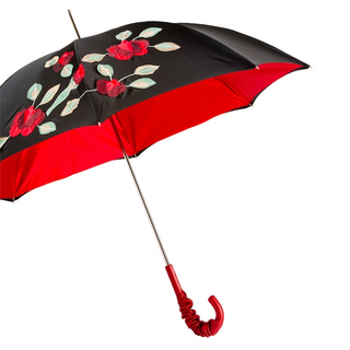 Leather handle handmade Italian double cloth red roses umbrella side