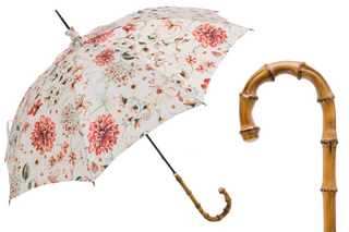 Flowered parasol handmade umbrella natural Whangee handle front
