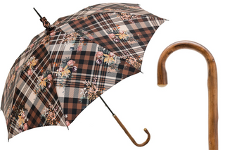 Tartan floral parasol handmade Italian umbrella wooden handle front