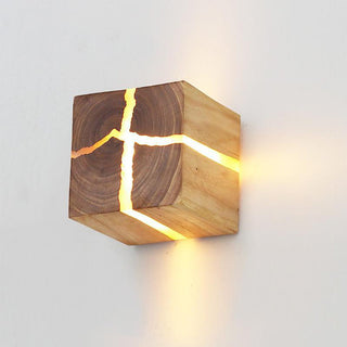 Creative cracked wood LED wall sconce illuminated — corridor
