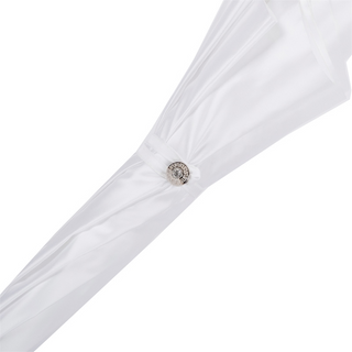 Women's white lace wedding parasol leather handle top view