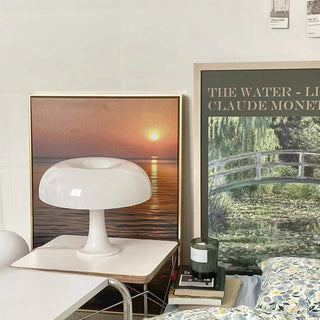 Mushroom lamp illuminated — warm cozy ambient glow