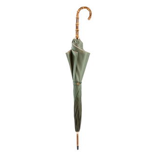 Green double cloth bamboo handle luxury women's umbrella close-up handle detail