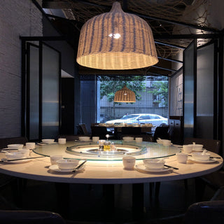 Bamboo woven pendant fixture for kitchen island