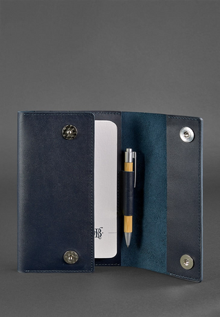 leather bound notebook a5 soft cover pen holder business card slots side view