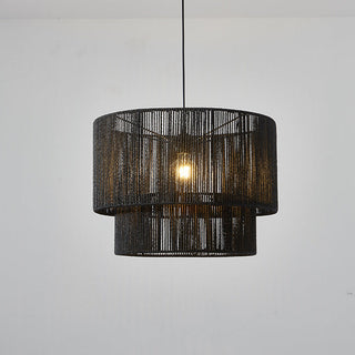 Antique rope pendant from below — rustic woven ceiling fixture