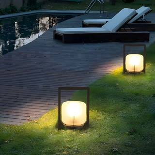 Solar lamp illuminated — modern outdoor warm ambient