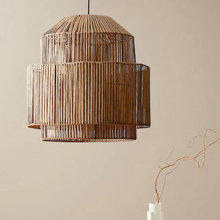 Boho woven rattan pendant lamp detail — kitchen ceiling light