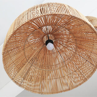 Rattan wicker pendant detail — boho kitchen island fixture