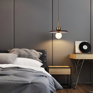 Modern saucer pendant with walnut wood and brass finish