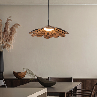 Rattan boho pendant side view — LED adjustable living room lamp