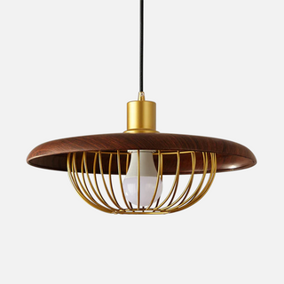 Wrought iron hollow pendant lamp with wood and metal fixture