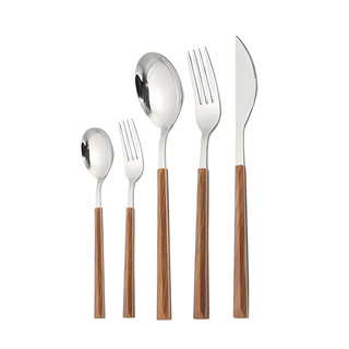 wooden handle cutlery durable stainless steel dining flatware wood grain angle view