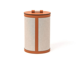 Penelope compact bathroom trash bin leather accent napkin front view