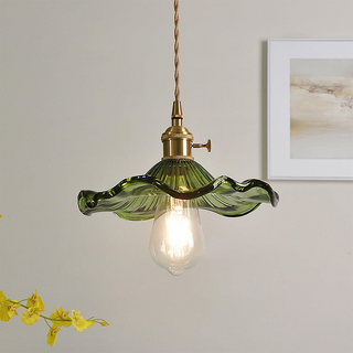 Hibiscus pendant with fluted glass shade and brushed brass