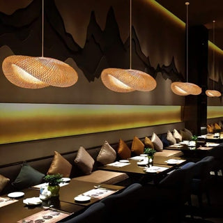 Modern kitchen pendant with handwoven bamboo rattan shade