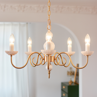 Vintage cream chandelier ambient — metal glass soft warm glow