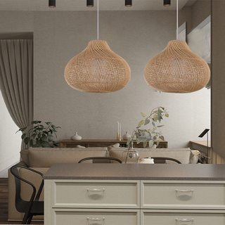 Handmade rattan boho pendant lamp detail — wood finish ceiling