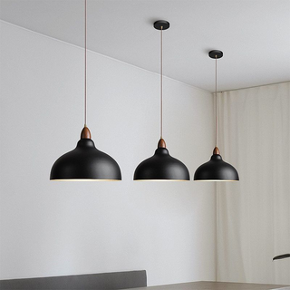 Wood and metal pendant with organic pot-shaped shade