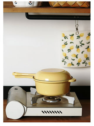 enamel cast iron pan all in one pot non-stick coating single handle lifestyle view