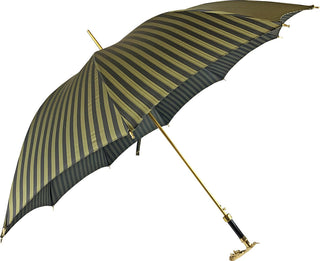 Black pinstripe gold jaguar handle luxury men's Italian umbrella side view