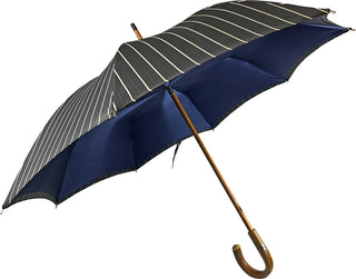 Men's double canopy grey blue striped jacquard chestnut handle Italian umbrella side