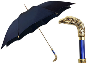 Luxury men's blue canopy 24K gold handle carbon fiber Italian umbrella front view