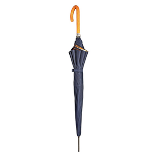 Navy automatic orange leather handle wind resistant men's Italian umbrella close-up