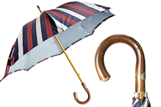Double canopy grey striped jacquard chestnut wood handle Italian umbrella front