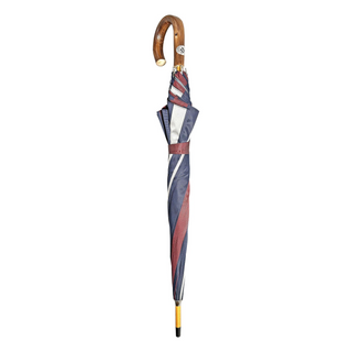 Double canopy grey striped jacquard chestnut wood handle Italian umbrella close-up