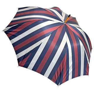 Double canopy grey striped jacquard chestnut wood handle Italian umbrella open