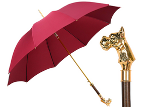 Luxury burgundy automatic 24K gold dog head handle men's Italian umbrella front view