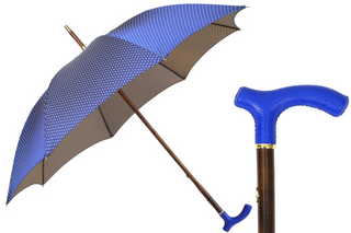 Designer blue leather handle beechwood shaft handcrafted Italian umbrella front