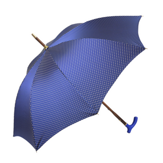 Designer blue leather handle beechwood shaft handcrafted Italian umbrella open