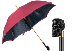 Men's burgundy automatic satin skull handle Italian umbrella front view